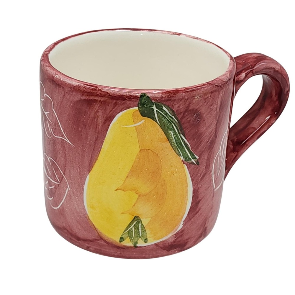 Pottery Barn Pear Ceramic Burgundy Coffee Mug 14oz Hand Painted Made in Mexico